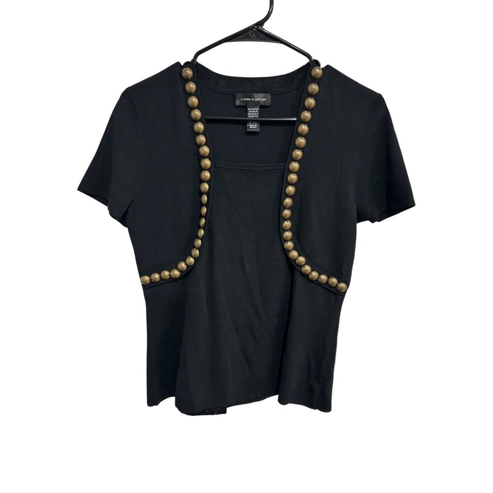 Cable & Gauge Gold Beaded Trim Short Sleeve Cardigan Style Top Size M Elegant
